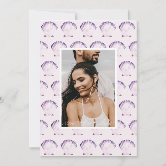 Paars Zeeschelp-waterverf Foto & QR Save The Date (Voorkant)