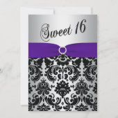 Paars, zilver, Black Damask Sweet 16 Uitnodiging (Voorkant)