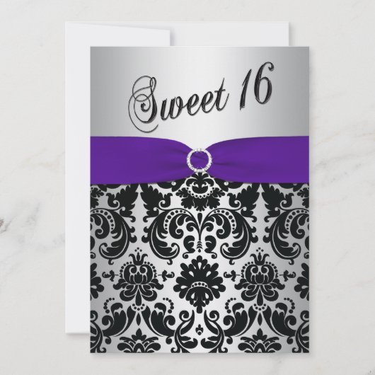 Paars, zilver, Black Damask Sweet 16 Uitnodiging (Voorkant)