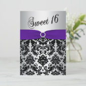 Paars, zilver, Black Damask Sweet 16 Uitnodiging (Staand voorkant)