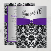 Paars, zilver, Black Damask Sweet 16 Uitnodiging (Voorkant / Achterkant)