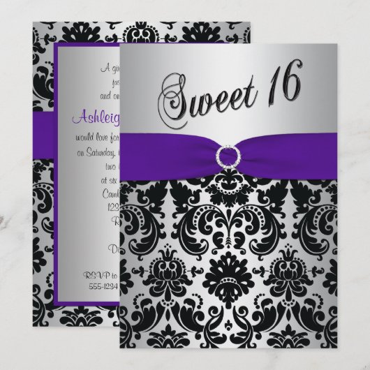 Paars, zilver, Black Damask Sweet 16 Uitnodiging (Voorkant / Achterkant)