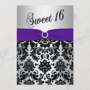 Paars, zilver, Black Damask Sweet 16 Uitnodiging