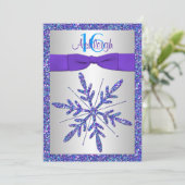 Paars, zilver, blauw Snowflake Birthday Uitnodigin Kaart (Staand voorkant)