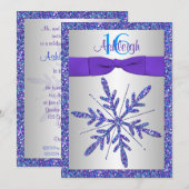 Paars, zilver, blauw Snowflake Birthday Uitnodigin Kaart (Voorkant / Achterkant)