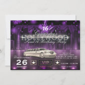 Paars & Zilver City Lights Limo Hollywood Feest Kaart (Voorkant)