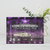 Paars & Zilver City Lights Limo Hollywood Feest Kaart (Staand voorkant)