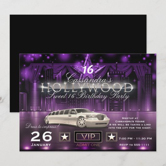 Paars & Zilver City Lights Limo Hollywood Feest Kaart (Voorkant / Achterkant)