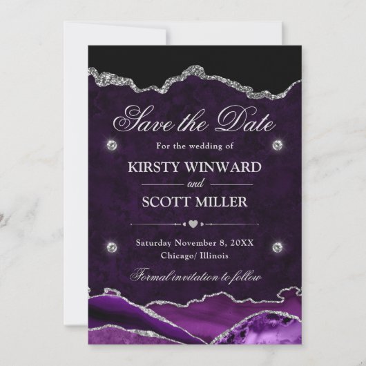 Paars & Zilver Glitter Marmer Agate Bewaar de Datu Save The Date (Voorkant)