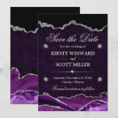 Paars & Zilver Glitter Marmer Agate Bewaar de Datu Save The Date (Voorkant / Achterkant)