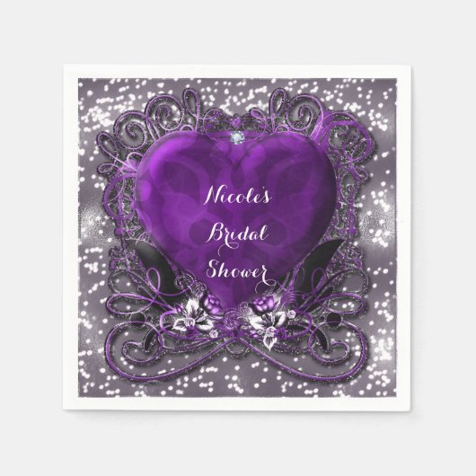 Paars & Zilver Hart Glitter Feest Servetten (Voorkant)