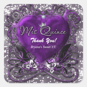 Paars & Zilver Hart Glitter Mis Quince 15 Feest Vierkante Sticker