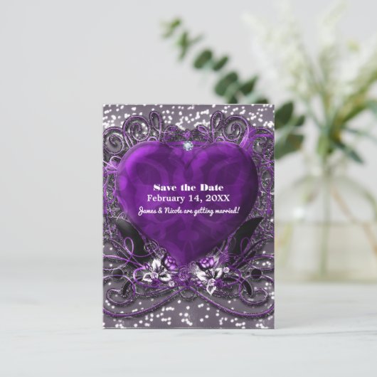Paars & Zilver Hart Glitter Save The Date Feest Aankondigingskaart (Staand voorkant)