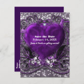 Paars & Zilver Hart Glitter Sla de Datum Op Feest Aankondigingskaart (Voorkant / Achterkant)