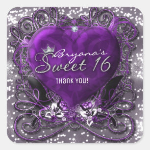 Paars & Zilver Hart Glitter Sweet 16 Feest Favor Vierkante Sticker