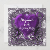 Paars & Zilver Hart Glitter Uitnodiging voor Elke (Voorkant)