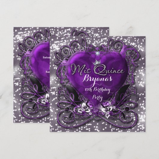Paars & Zilver Hart Mis Quince 15 Uitnodiging (Voorkant / Achterkant)