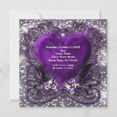 Paars & Zilver Hart Mis Quince 15 Uitnodiging (Achterkant)