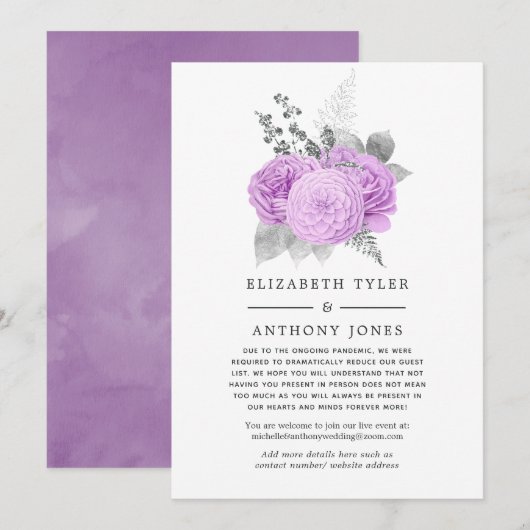 Paars & Zilver Verkleinde Trouwgastenlijst Aankondiging (Voorkant / Achterkant)