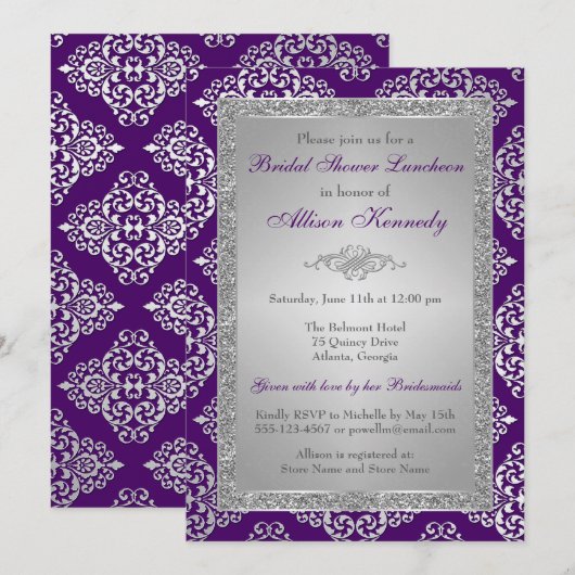 Paars, zilveren Glitter Damask Vrijgezellenfeest n Kaart (Voorkant / Achterkant)