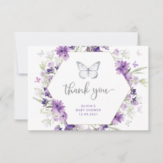 Paars zilveren vlinder baby shower dank u uw kaart (Voorkant)