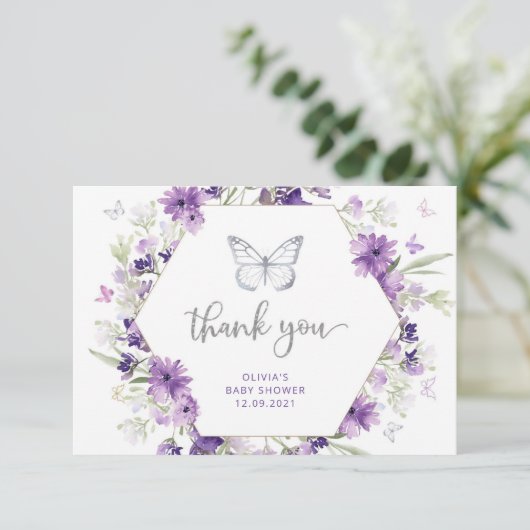 Paars zilveren vlinder baby shower dank u uw kaart (Staand voorkant)