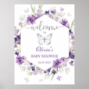 Paars zilveren vlinder baby shower welkom poster