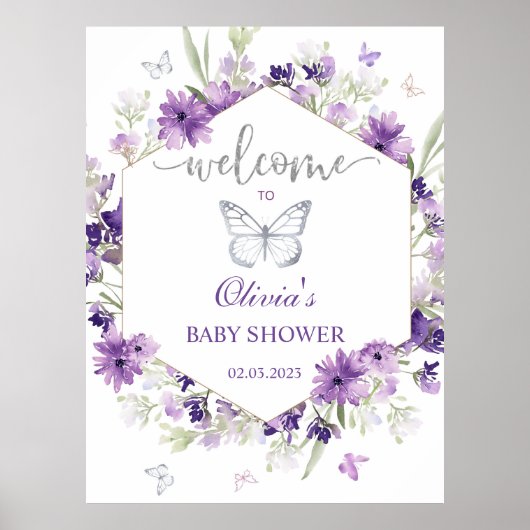 Paars zilveren vlinder baby shower welkom poster (Voorkant)