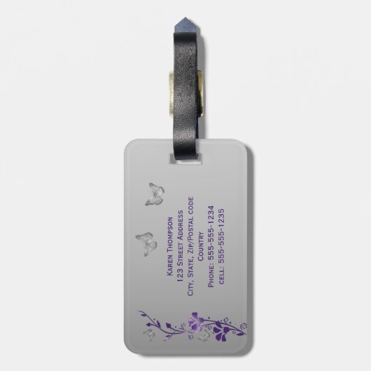 Paars, zilveren vlinderbloemig Bagagelabel (Achterkant verticaal)
