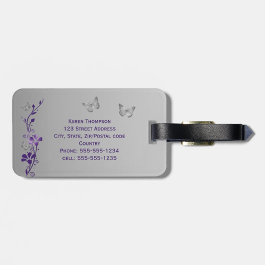 Paars, zilveren vlinderbloemig Bagagelabel (Achterkant horizontaal)