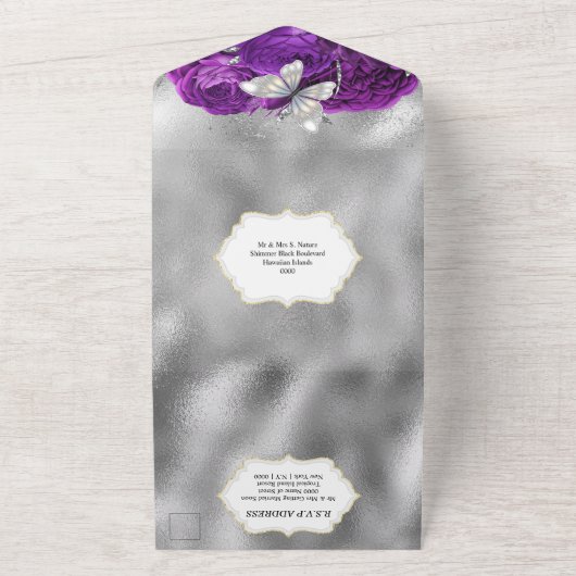 Paars zilveren vlinderdarm roos all in one uitnodiging (Buitenkant)