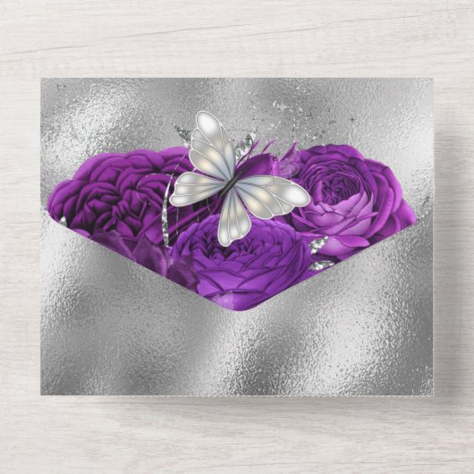 Paars zilveren vlinderdarm roos all in one uitnodiging (Achterkant)