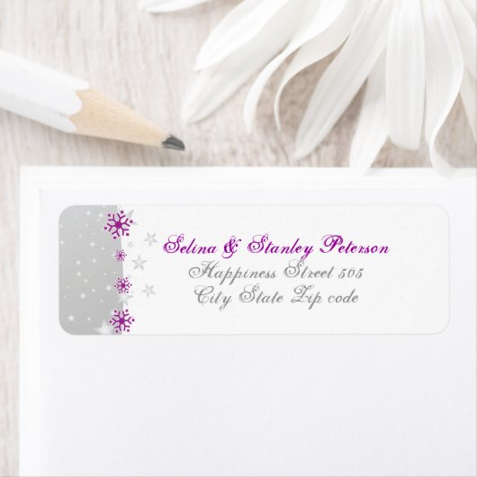 Paars zilvergrijs wit snowflake trouwlabel etiket (Insitu)