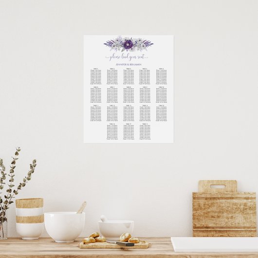 Paars Zilvergrijze Waterverf Floral Seating Chart Poster (Keuken)