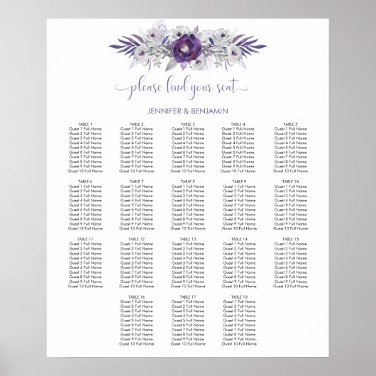 Paars Zilvergrijze Waterverf Floral Seating Chart Poster (Voorkant)