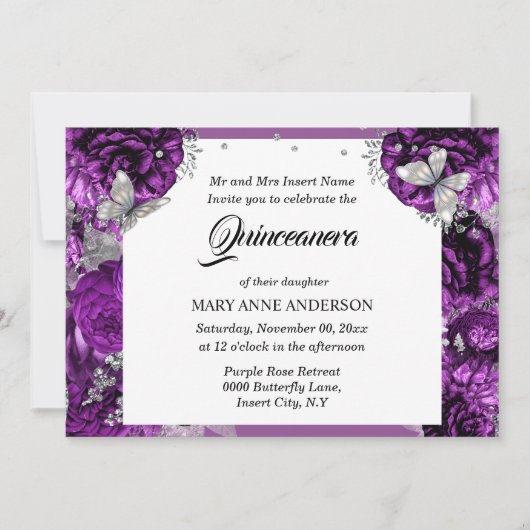 Paars zilvervlinder roos kaart (Voorkant)