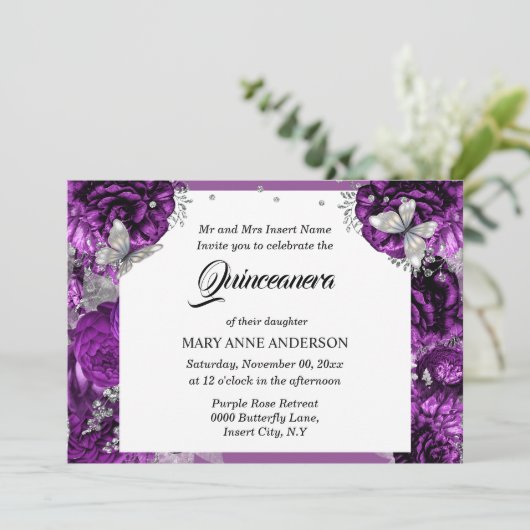 Paars zilvervlinder roos kaart (Staand voorkant)