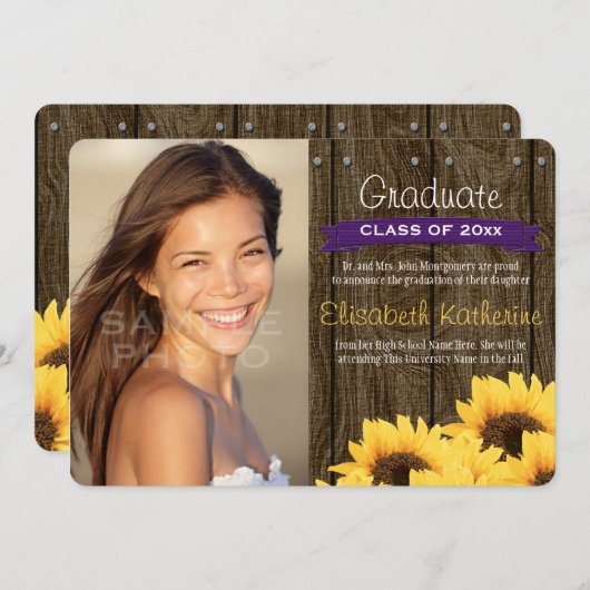 Paars Zonnebloem Afstuderen Aankondiging (Voorkant / Achterkant)