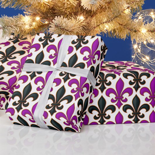 Paars Zwart Barok Fleur-de-lis Patroon Ontwerp  Cadeaupapier