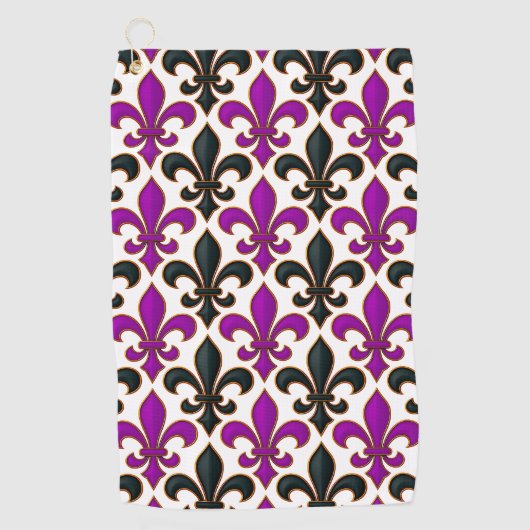 Paars Zwart Barok Fleur-de-lis Patroon Ontwerp  Golfhanddoek (Voorkant)