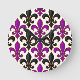 Paars Zwart Barok Fleur-de-lis Patroon Ontwerp Ronde Klok