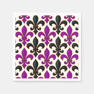 Paars Zwart Barok Fleur-de-lis Patroon Ontwerp Servet