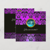 PAARS ZWART DAMAST MONOGRAM, blauwe aquamarine Kaart (Voorkant / Achterkant)