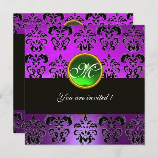 PAARS ZWART DAMAST MONOGRAM,groene smaragd Kaart (Voorkant / Achterkant)