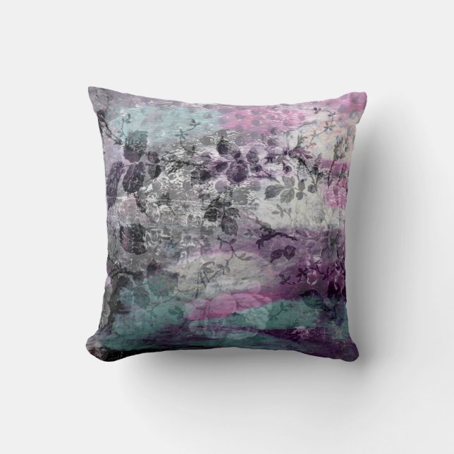Paars zwart en Aqua Floral Monoprint Pillow Kussen (Voorkant)