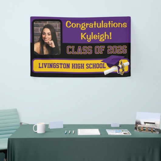 Paars, zwart, en gouden Afstuderen Spandoek (Beurs)