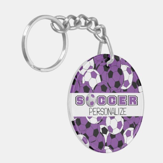 Paars, zwart en wit Voetbal personaliseren Sleutelhanger (Voorkant Links)