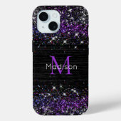 Paars zwart geborsteld metaal glitter monogram Case-Mate iPhone case (Achterkant)