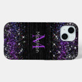 Paars zwart geborsteld metaal glitter monogram Case-Mate iPhone case (Achterkant (horizontaal))
