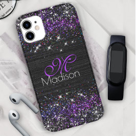 Paars zwart geborsteld metaal glitter monogram Case-Mate iPhone 14 hoesje